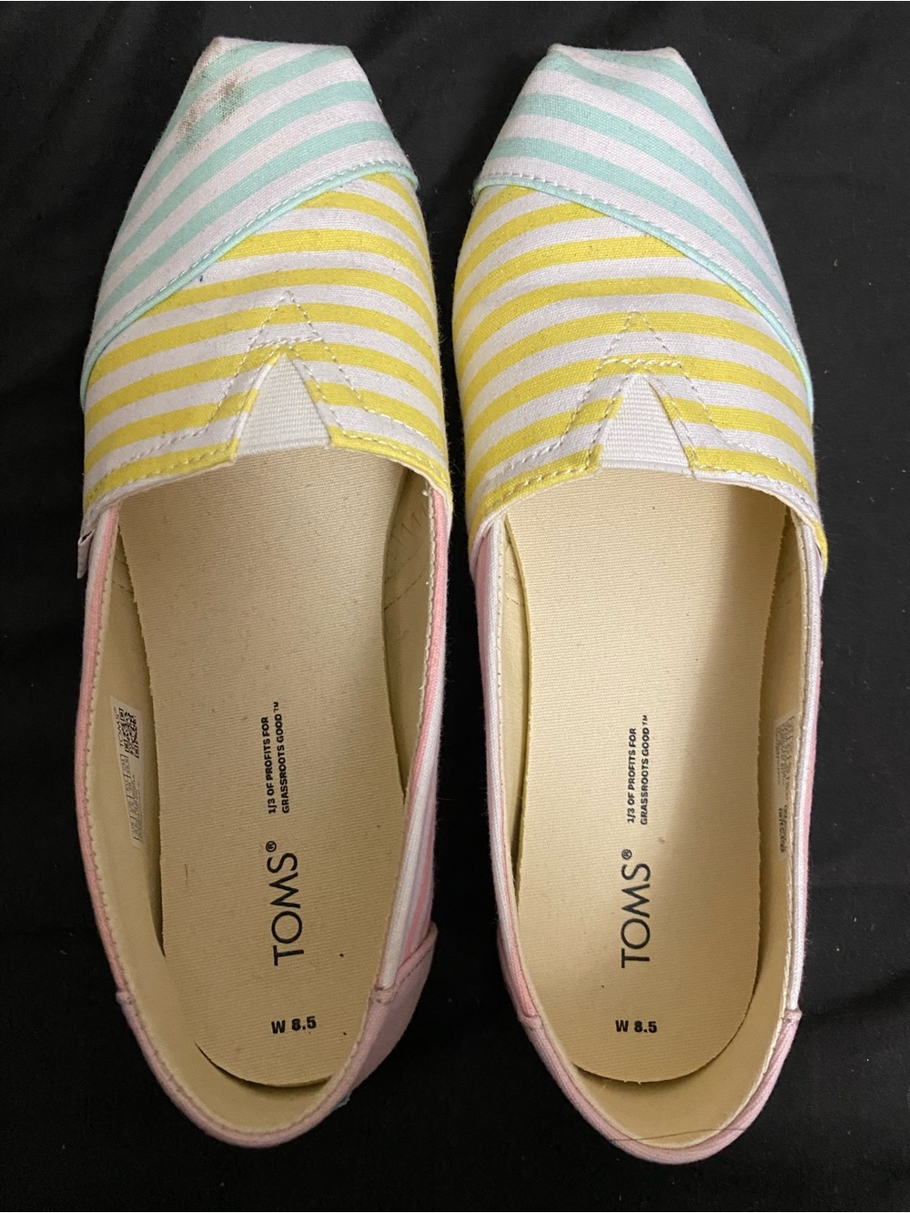 TOMS Women’s Pastel Yellow, Mint & Pink Striped Canvas Slip-Ons